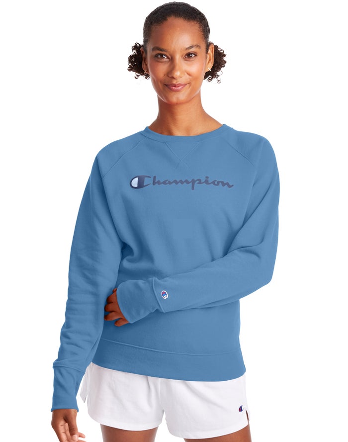 Champion Dame Sweatshirt Blå - Powerblend Fleece Classic Crew Script Logo - Danmark PJC-761023